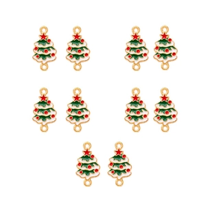Detailed view of ten festive enameled Christmas tree pendants in gold-plated alloy