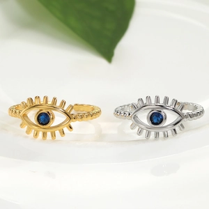 Evil Eye Open Ring Copper Cubic Zirconia Blue Crystal Adjustable Band Retro Ethnic Style Fashion Jewelry For Women Men