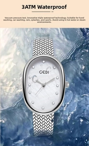 Close-up of GEDI women's watch with 3ATM water resistance showing splashing water effect