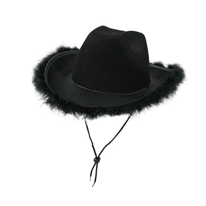 Detail of black cowboy hat featuring fluffy feather trim brim and adjustable chin strap