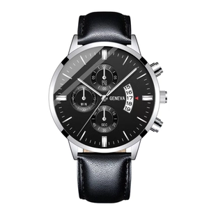 Detail of minimalist men's quartz watch with black dial and leather strap