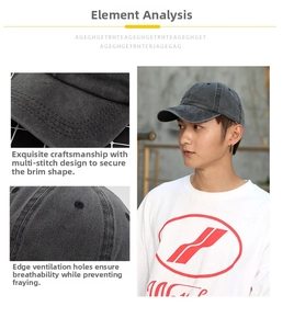 Detail of washed cotton baseball cap showing reinforced stitching and breathable eyelets