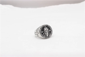 Macro detail of retro cross ring showing the Jesus relief and side cross engraving