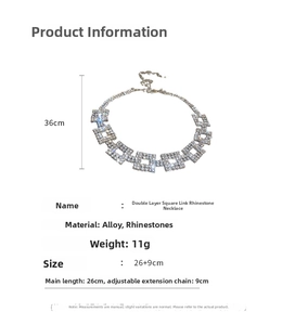 Detail of double-layer square rhinestone choker with sizing and material information
