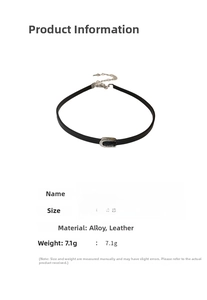 Detailed view of black leather choker with silver metal CD letters and size specifications