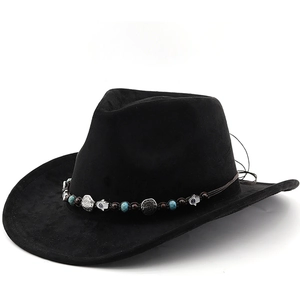 Chapeau De Cowboy Occidental Suédine Polyester Large Bord Bande Perlée Main De Hamsa Vintage Ethnique