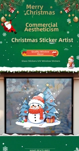 Detail of UV printed Christmas snowman and tree window sticker for festive glass decor