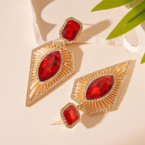 Vintage geometric rhodium earrings with large red rhinestones and sparkling crystals