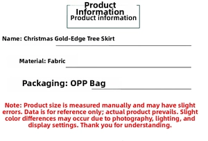 Detailed specifications card for cloth Christmas tree skirt with gold trim and Santa print