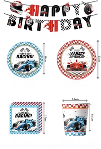Racing party set detail showing 7 and 9 inch checkered plates and colorful cups