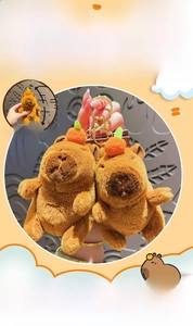 Detail of Capybara plush keychain with orange accessory and squeaky sound feature
