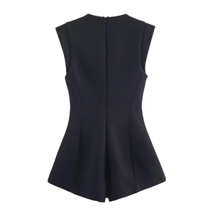 Women's black sleeveless romper with back invisible zipper closure on white background