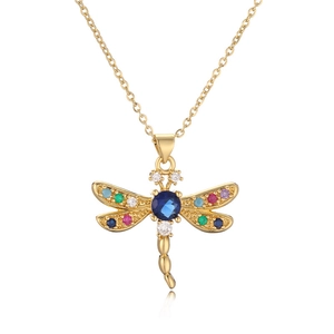 Chic gold dragonfly pendant necklace with colorful cubic zirconia on white background