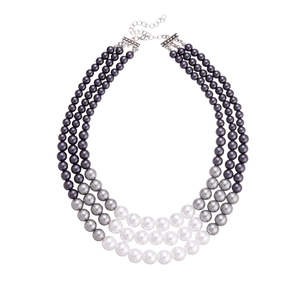 Three-layer faux pearl necklace featuring gradient grey and white beads with silver clasp