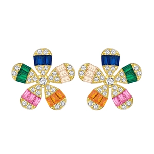 Colorful daisy stud earrings in sterling silver with vibrant zircon floral petals