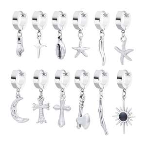 Set of 12 stainless steel hoop earrings with various charms like cross and moon in silver