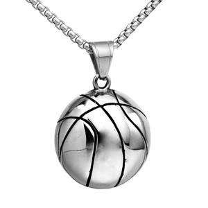 Retro stainless steel basketball pendant necklace for men in polished silver finish