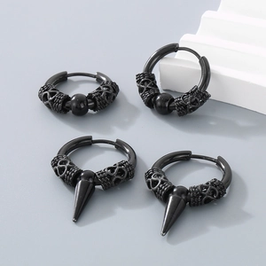 Black punk hoop earrings for men and women featuring spike charms and textured details