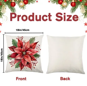 Detailed size chart of 18x18 inch Christmas poinsettia pillow cover showing front and back