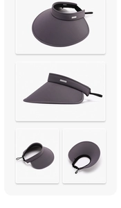 Detail views of wide brim sun hat with adjustable cord and metal brand logo