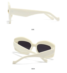 Side and back view of retro irregular cream polygon sunglasses with dark lenses