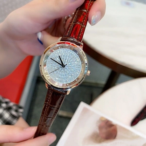 Detail of rose gold watch with sparkling silver dial and brown crocodile leather strap