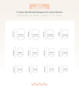 Size chart showing 12 different dimensions for colorful candy gradient press-on nails