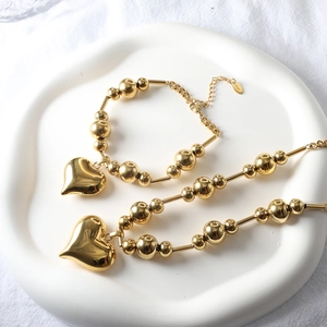 Stainless Steel Heart Pendant Necklace And Bracelet 18K Gold Plated Bead Tube Link Chain Jewelry For Women