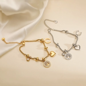Fashion Stainless Steel Tree Of Life Pendant Bracelet For Women Rhinestone Heart Horseshoe Charms Chain Bracelet Jewelry