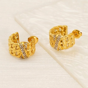 C-Shaped Hoop Earrings 18K Gold Plated Stainless Steel Chain Link Texture Cubic Zirconia Inlaid Geometric Jewelry Women
