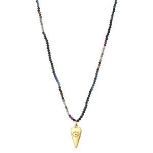 Detail of bohemian gold evil eye heart pendant with multi-color gemstone beaded chain