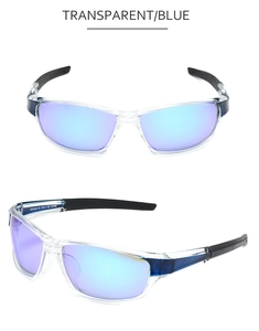 Macro detail of transparent blue polarized sports sunglasses with UV400 mirror lenses