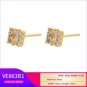 Macro view of 18K gold plated square stud earring with rectangle zircon and pave stones