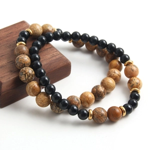 Natural picture stone beaded bracelet set with black beads and gold metal spacers