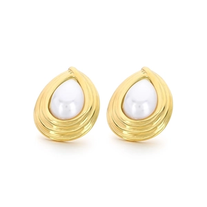 Elegant gold teardrop earrings featuring central white pearls on a clean white background
