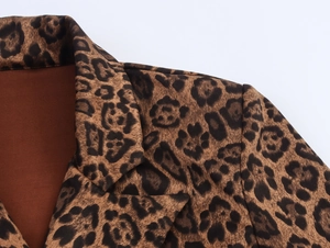 Macro detail of leopard print faux suede collar and shoulder seam on long coat