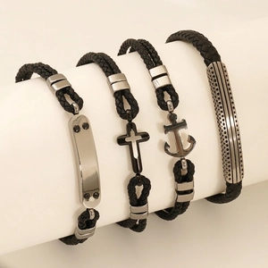 Bracelet En Cuir Tressé Pour Homme Avec Pendentif Croix Ancre Boussole En Acier Inoxydable Bijoux Style Punk Nautique Rétro
