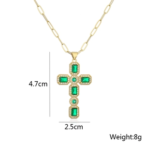 Detailed size view of the 18K gold-plated cross necklace with green zircon pendant