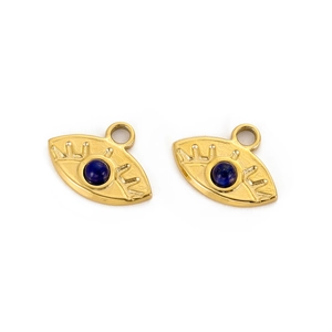 Detailed view of gold evil eye pendants with blue bead inlays and eyelash design