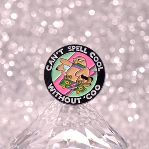 Cartoon pigeon on skateboard enamel pin with geometric pink and green background