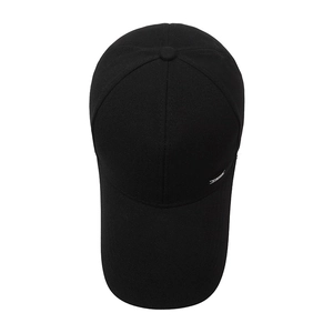 Black long brim baseball cap with silver metal logo detail and six-panel cotton crown