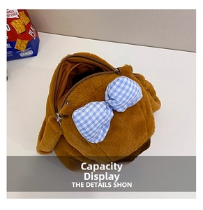 Macro view of brown plush capybara bag opening showing inner storage capacity