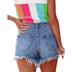 Women high waisted light blue denim shorts with frayed hems and back pockets detail