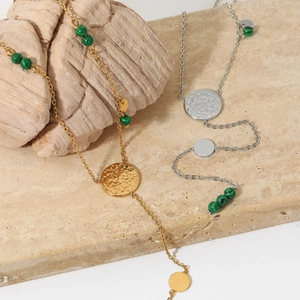 Bohemian long Y-necklace with green turquoise beads and gold silver hammer coin pendants