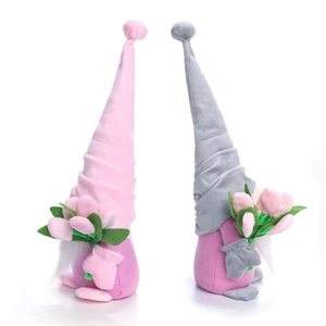 Detail of plush gnome dolls with tulip decorations for Mother's Day and Spring home decor