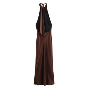 Brown and black halter neck backless satin midi dress with knot detail and pleats
