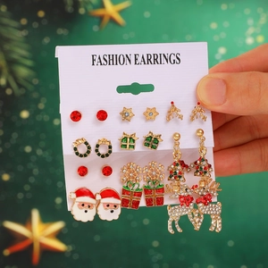 9-pair Christmas earring set with Santa Claus, reindeer and snowflake on card display