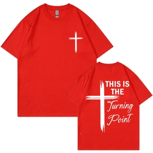 Red cotton T-shirt with Turning Point print and cross graphic on front and back