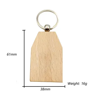 Detail showing DIY blank beech wood keychain with 61mm x 38mm dimensions and metal ring