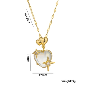 Double-layered gold heart pendant necklace with star details, 40+5cm length, 5g weight